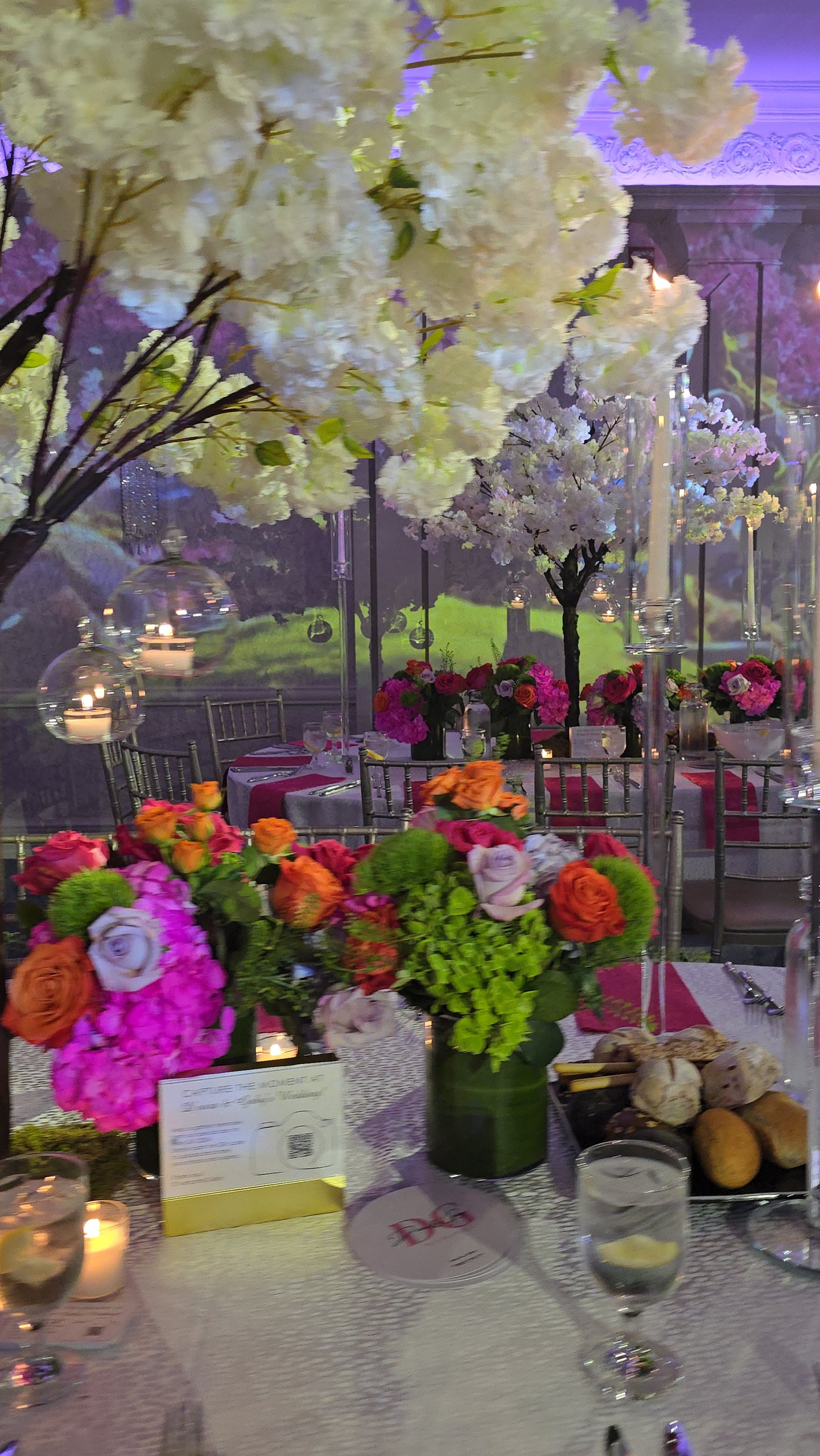 The centrepiece under the trees, the projected blossom garden behind