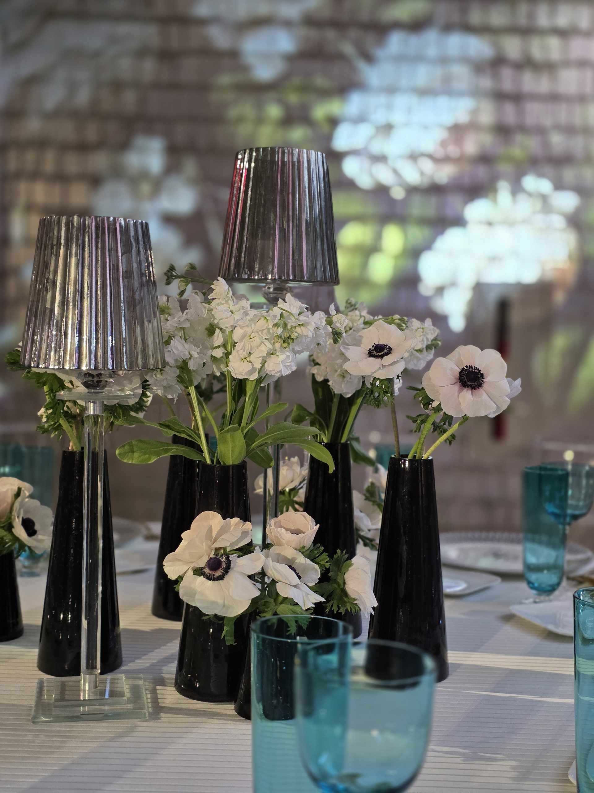 Anemones close, the pattern of light on the brick