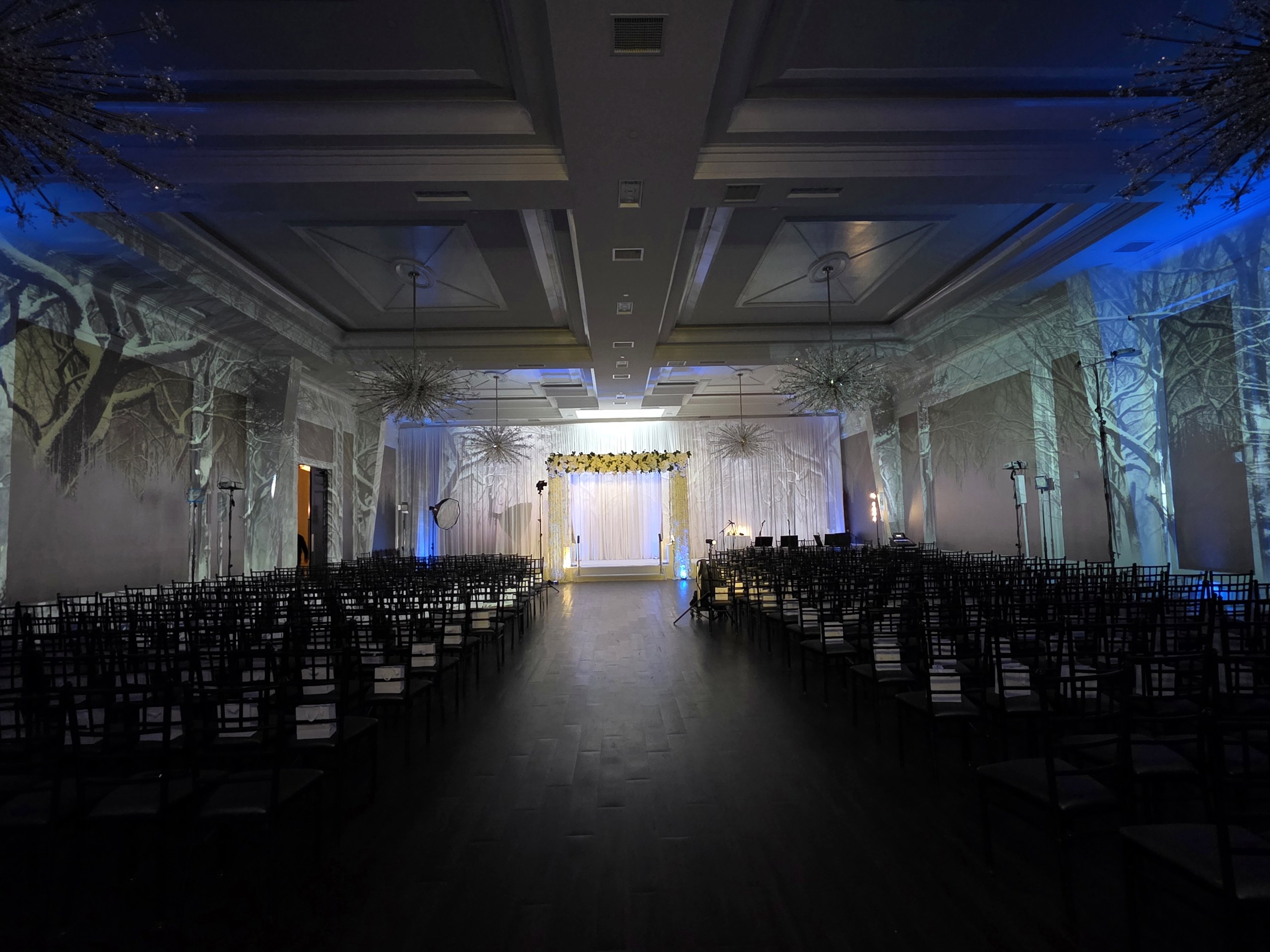 The whole hall before the chuppah: winter trees projected on every wall, the aisle lit to the chuppah