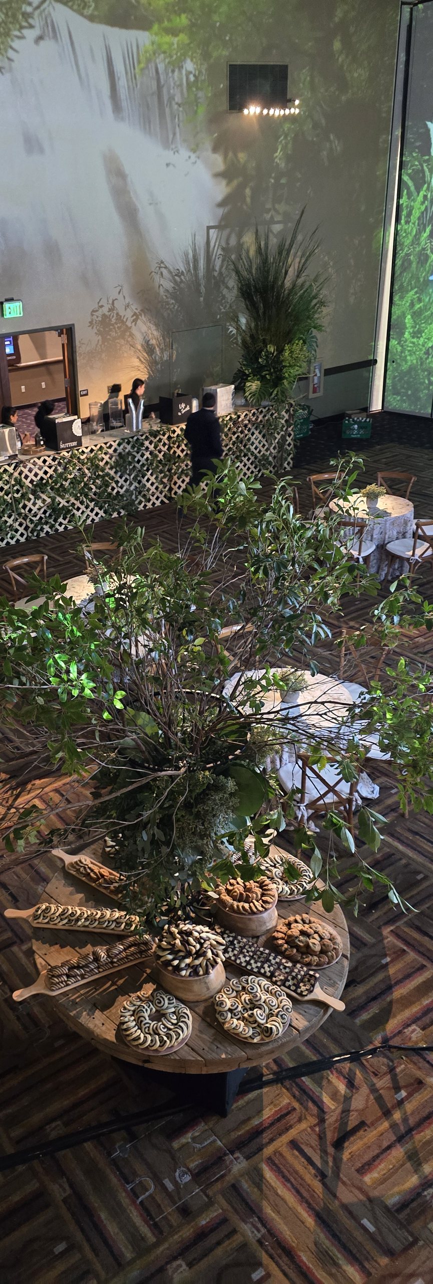 The projected waterfall on the wall, greenery and a garden cart beneath it