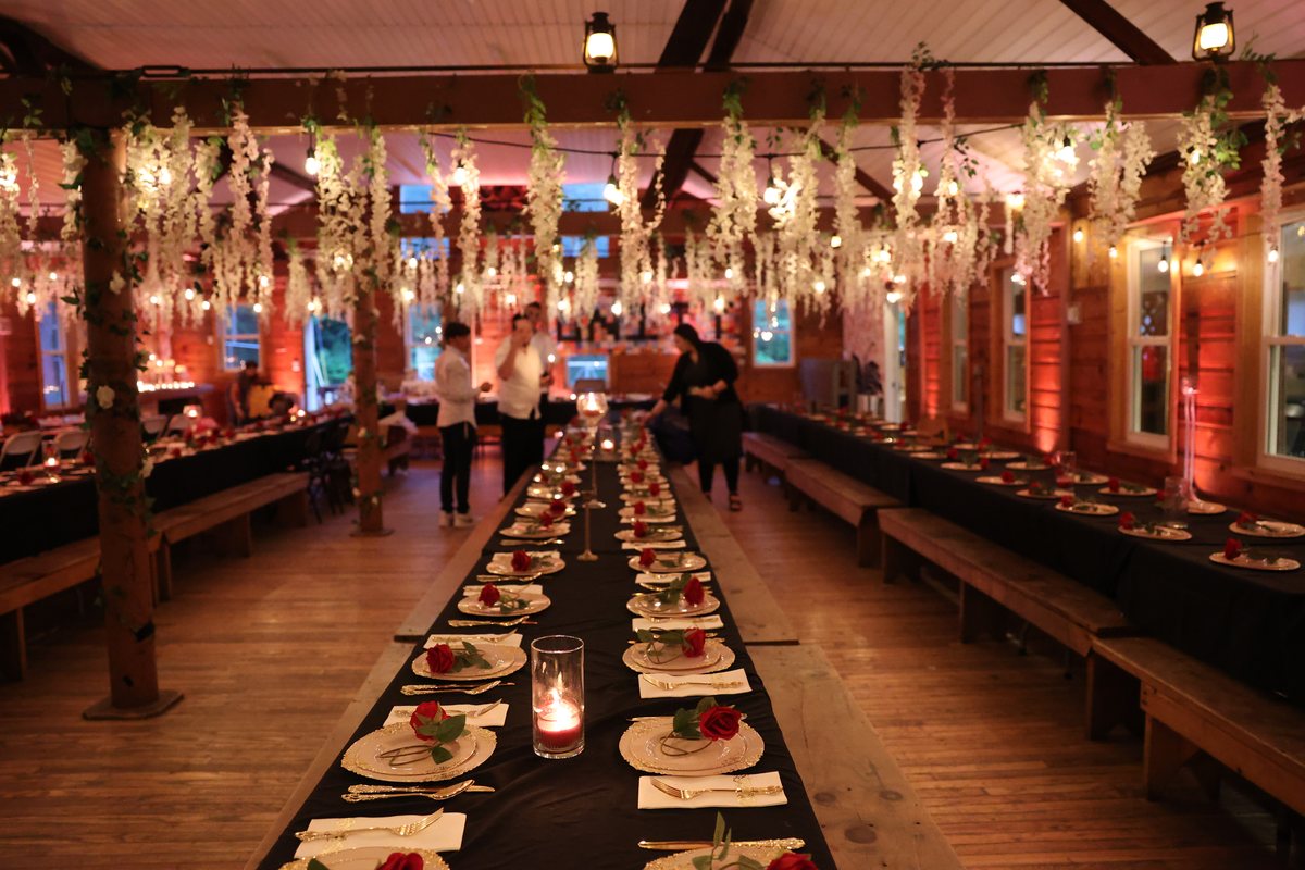 Wisteria hung over the long tables of a wooden hall, lit warm for Shavuos